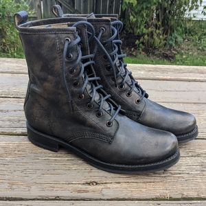 Frye Distressed Black Leather Combat Boots